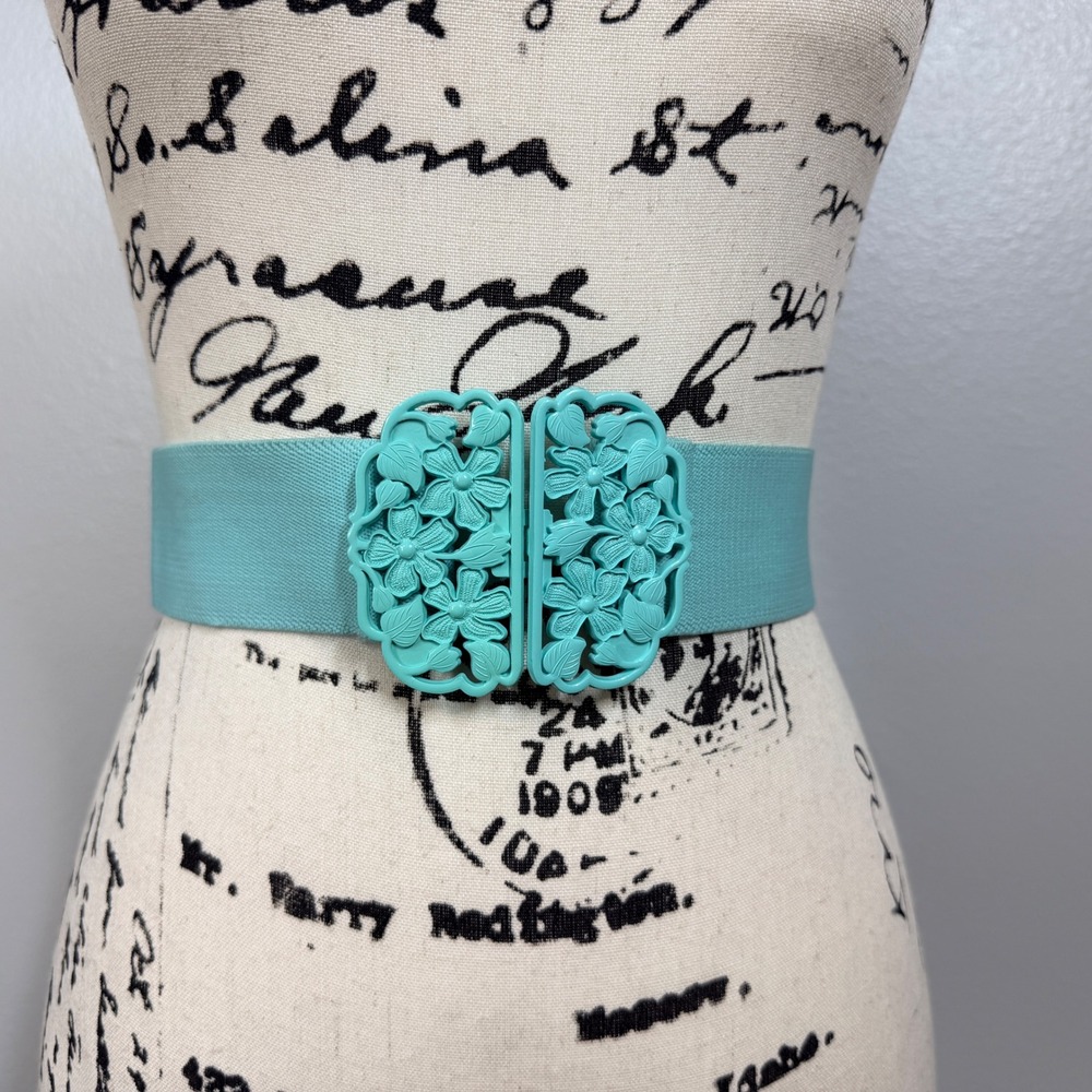 90's Elastic Cinch Belt Womenβ Teal Floral Buckle Retro Stretchy Waist Plastic